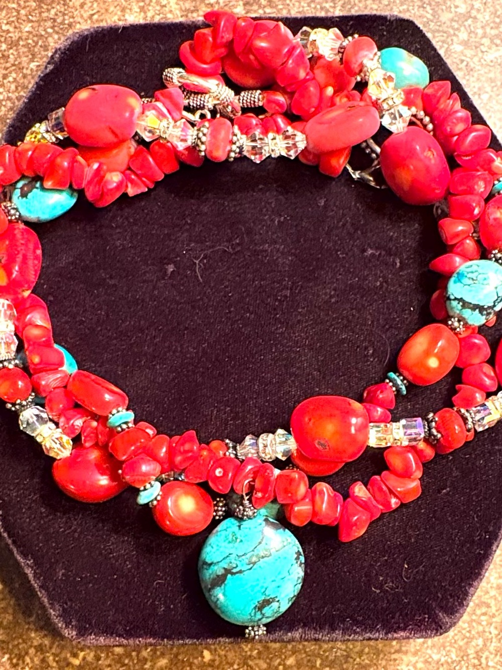 Vintage Natural Turquoise Raw Red Coral Swarovski Crystal Sterling Necklace